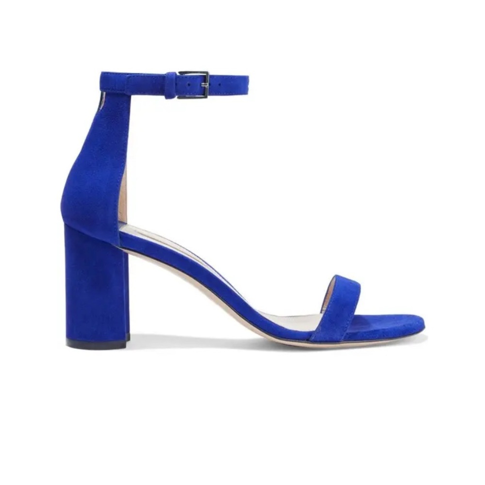 Stuart Weitzman 75 Less Nudest Suede Block-Heel City Sandals Blue Size 8